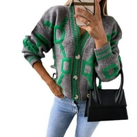 Женски жилетки Fashion V Neck с дълъг ръкав с дълъг ръкав с единично пуловер ретро разхлабени ежедневни плетени топ кардигани