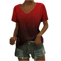 Облечени върхове за жени Спестяване Небрежно лято с къси ръкави омбре ризи модерни v градиент на врата Цветни тениски тениски леки удобни туника блуза за гамаши червен m
