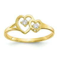 10k двойно сърце CZ пръстен в 10k жълто злато W Rhodium Plating - размер 6