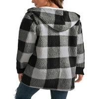 Zodanni жени руно размити якета с дълъг ръкав шерпа палто карирани качулки яке ежедневно изпреварване зимно сиво xl