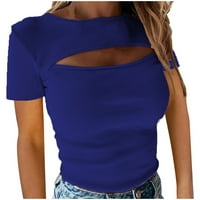 Proclub ризи женски модни върхове за кръгла шия небрежен къс ръкав пуловер солидна издълбана блуза винтидж тийнейджъри за жени, синьо, m