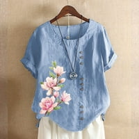 Caveitl върхове за жени ежедневно лято, модна жена Rounk Neck с къс ръкав блуза тениска печат свободни върхове небесно синьо, xxxl