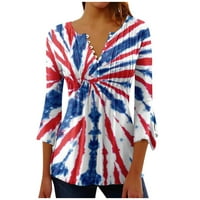 Клирънс 4 юли дамска блуза американски флаг бутон надолу ризи за жени печат туника летни върхове Облечен звънец на звънец v шия блуза син xxl