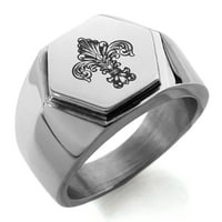 Неръждаема стомана Royal Fleur de Lis гравиран шестоъгълник Crest Flat Top Biker Style Полиран пръстен