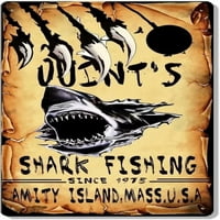 Quint's Shark Fishing, Vintage Shark Metal Sign Decor Decor Vintage Art Plaque Tin Sign for Home Cave Club Bars Гараж плаж баня стена Deecor ретро домашен подарък