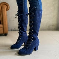 Giligiliso Clearance Жените ботуши ретро обувки ежедневни дебели ботуши с нисък ток плюс размер среден телешки дантелени ботуши сини сини