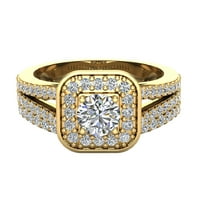 Диамантен сватбен пръстен комплект кръгло блестяща диамантена възглавница ореол пръстени Разделяне на сплит 14K злато 1. Карат