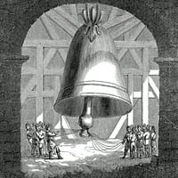 Звънене на камбани, 19 век. Намаляване на „Цар Колокол“ или „Крал на камбаните“ в Москва, Русия. Дърво гравиране от 19 век. Печат на плакат от