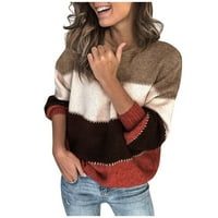 Dtydtpe дамски върхове с дълъг ръкав жените цветен блок ивица v пуловер за врата пуловер с дълъг ръкав плетен пуловер джъмперни върхове пуловери за жени