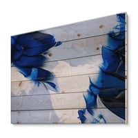 Art DesignArt 'Абстрактно синьо сиво и бели вълни Модерен печат върху естествена борова дървесина в. Широко. Високо