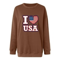 Дамски ден за независимост дълъг ръкав USA Heart Graphic Flag Print Sweatshirt за жени тийнейджърки дрехи небрежни суичъри Y2K леки пуловер върхове кафяви xxxl