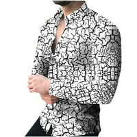 Мъжки пролетни есенни ризи тънък моден моден геометрия печат с дълъг ръкав бутон надолу с яка на ревера тениски ежедневни дишащи блузи върхове бели XL