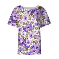 Дамски модни върхове флорални v-образни елементи с къс ръкав с джобна блуза лилав 4xl