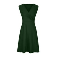 Рокли за жени плюс размер женски V-образно деколте A-Line без ръкави със средна дължина Твърда висока талия A-Line рокли с размер зелено L