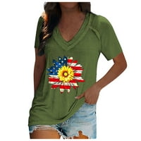 Cuoff блуза за жени тениска v врата Независимост Ден на слънчогледов печат Пуловер Небрежен къс ръкав Топ Зелен полиестер