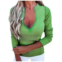 Женски ризи Небрежни тениски с v-образен дълъг ръкав твърд цвят свободни приляга на туники върхове блузи блузи